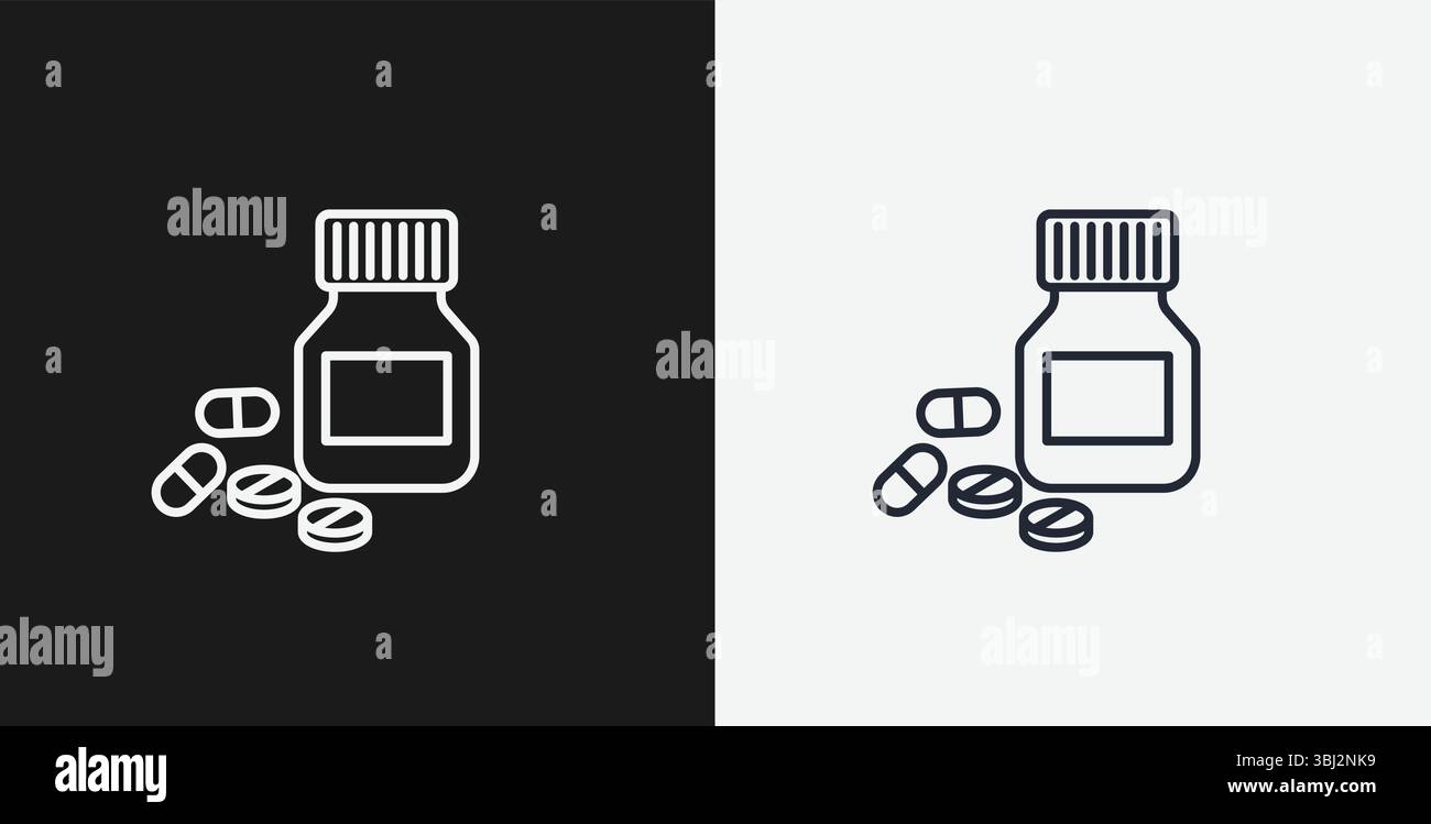 Pill Bottle with Pills and Capsules on Black and White Backgrounds, Representing Medicine or Pharmacy, White Outline Icon Stock Vector