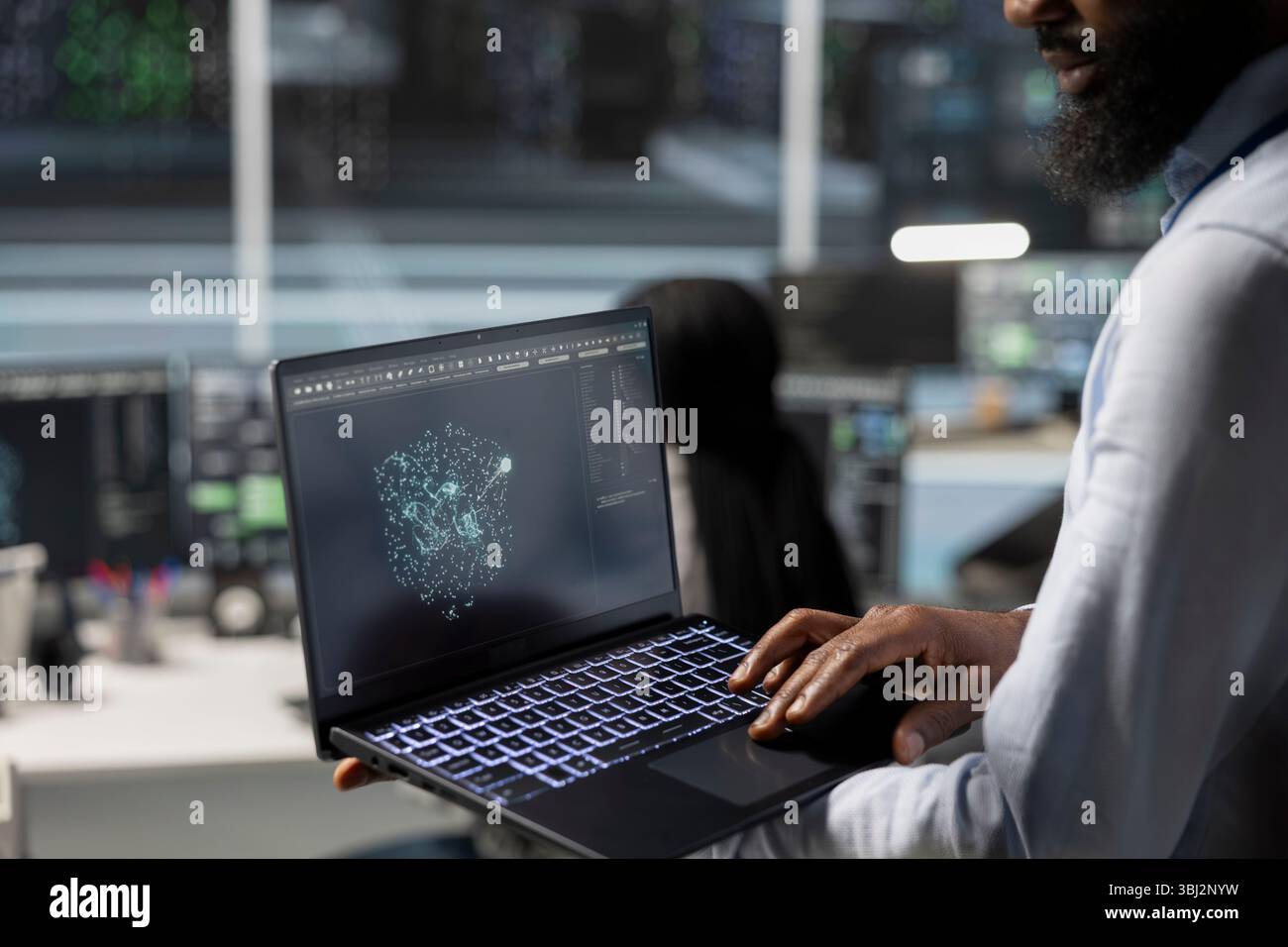 Close up of data center engineer using laptop to implement AI virtualization frameworks, improving resource allocation. Server hub worker does artificial intelligence predictive analysis on notebook Stock Photo