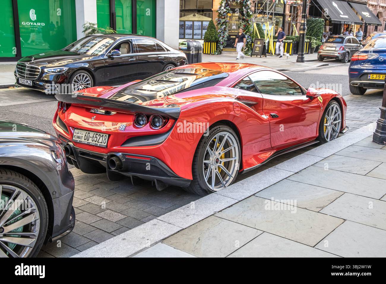 London, UK- August 19, 2023: Rear view of a Ferrari F8 Spyder supercar parked on a street in central London. Stock Photo