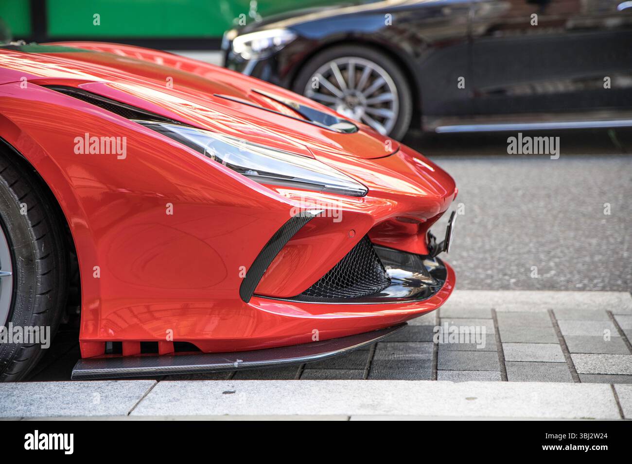London, UK- August 19, 2023: Front view of a Ferrari F8 Spyder supercar parked on a street in central London. Stock Photo