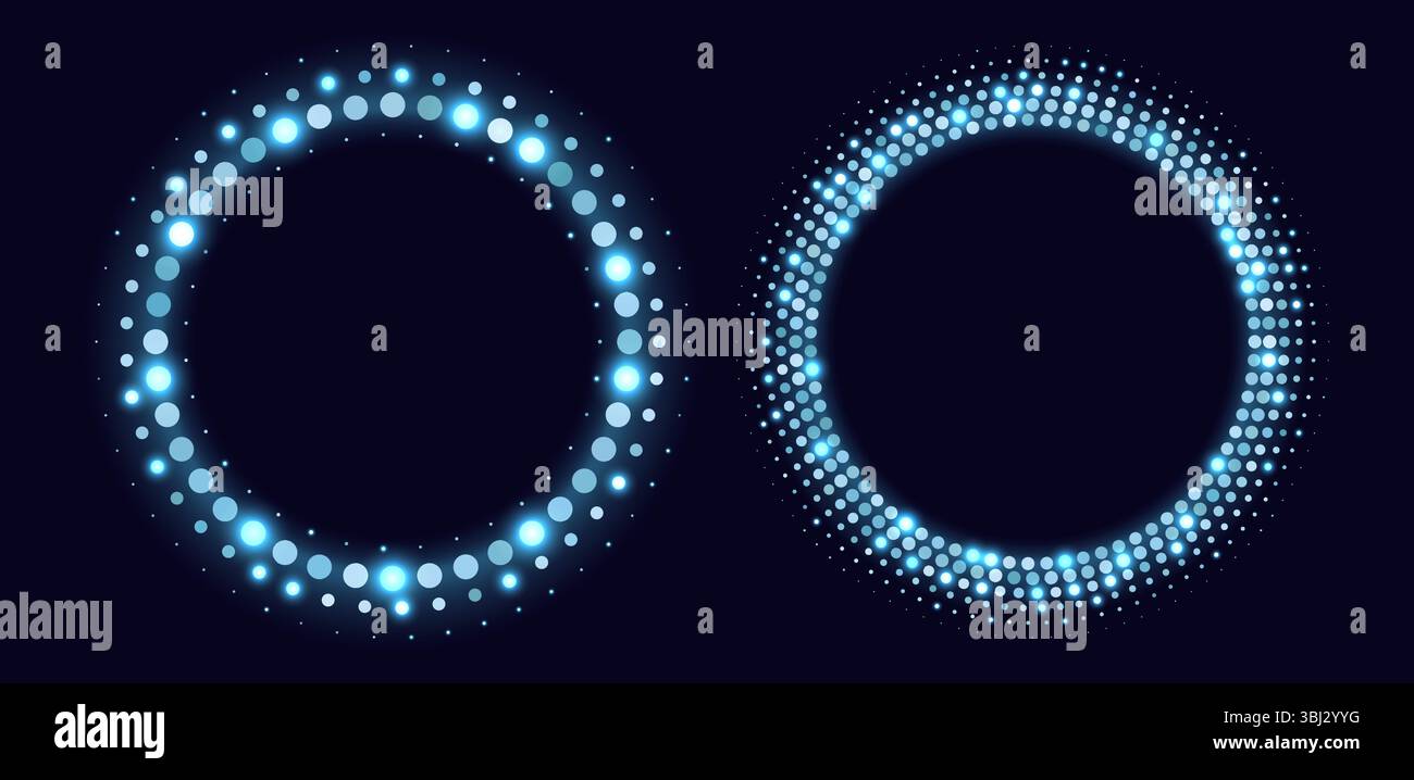 Blue halftone frames, glowing circle borders, round pattern with dots, radial disco luxury design element. Stock Vector