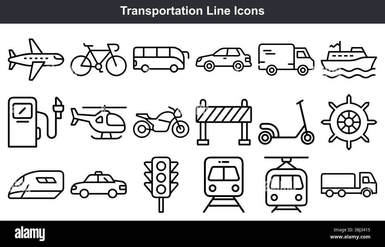 Black Line Transportation Icons Set Stock Vector