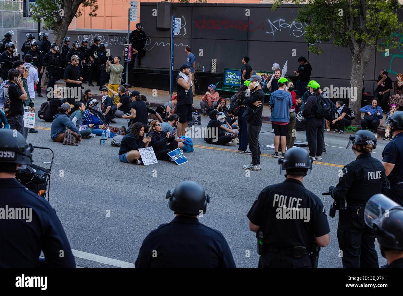 A large crowd of diverse protesters rally in downtown Los Angeles with ...