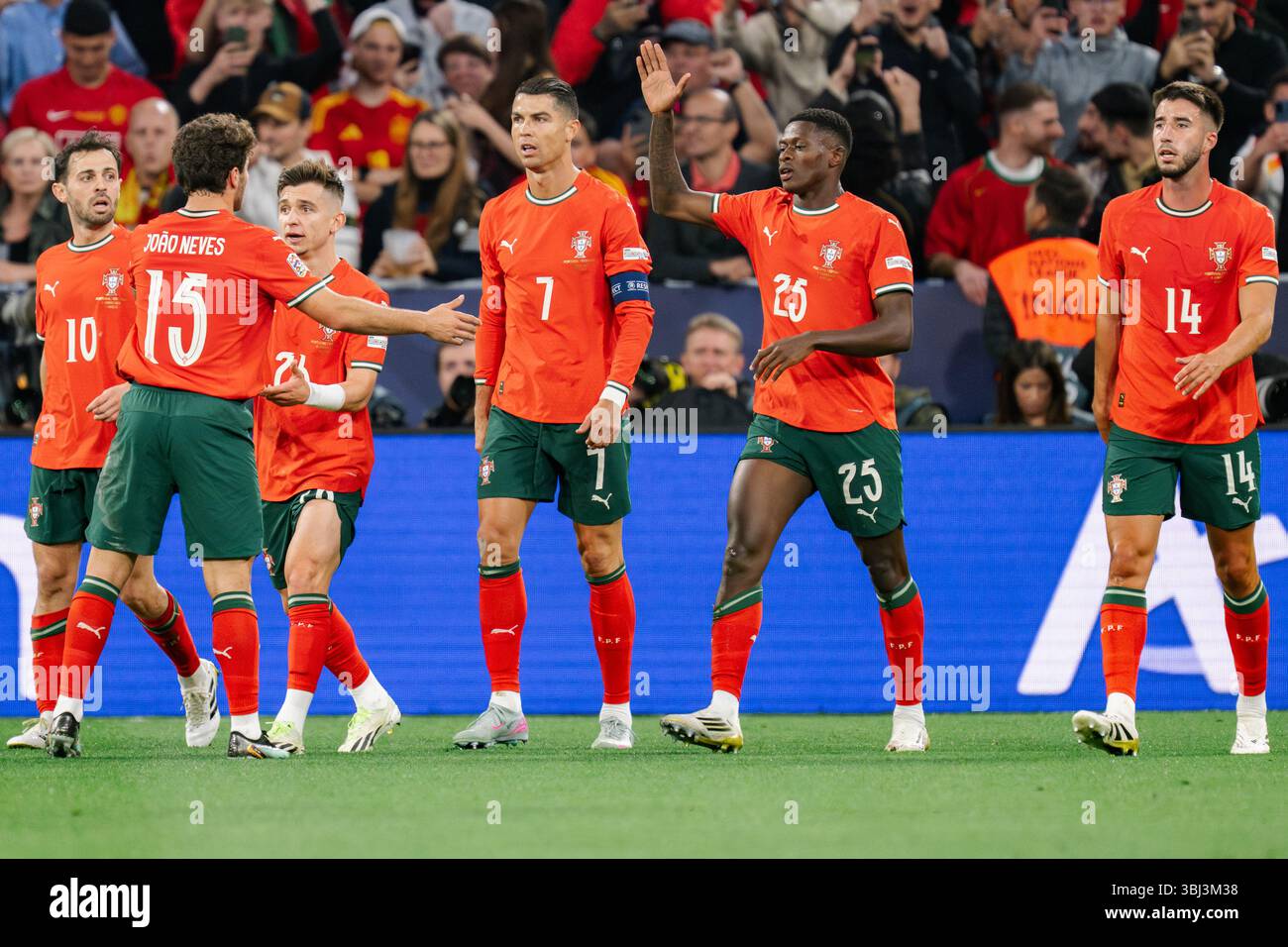 (L to R) Bernardo Silva, Joao Neves, Francisco Conceicao, Cristiano Ronaldo, Nuno Mendes and Goncalo Inacio of Portugal celebrate a goal during the UEFA Nations League 2025 final match between Portugal and Spain at Munich Football Arena. Final score: Portugal 2:2 (penalties 5:3) Spain. Stock Photo