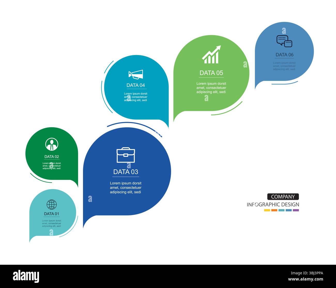 Infographics speech bubbles timeline with 6 number data template. Illustration abstract background. Stock Vector
