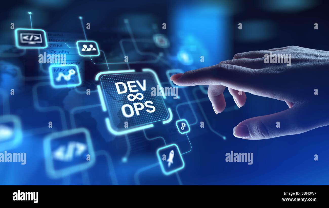 DevOps Development and Operations Integration for Efficient Delivery, projection on a virtual screen, Business and Technology Concept. Stock Photo
