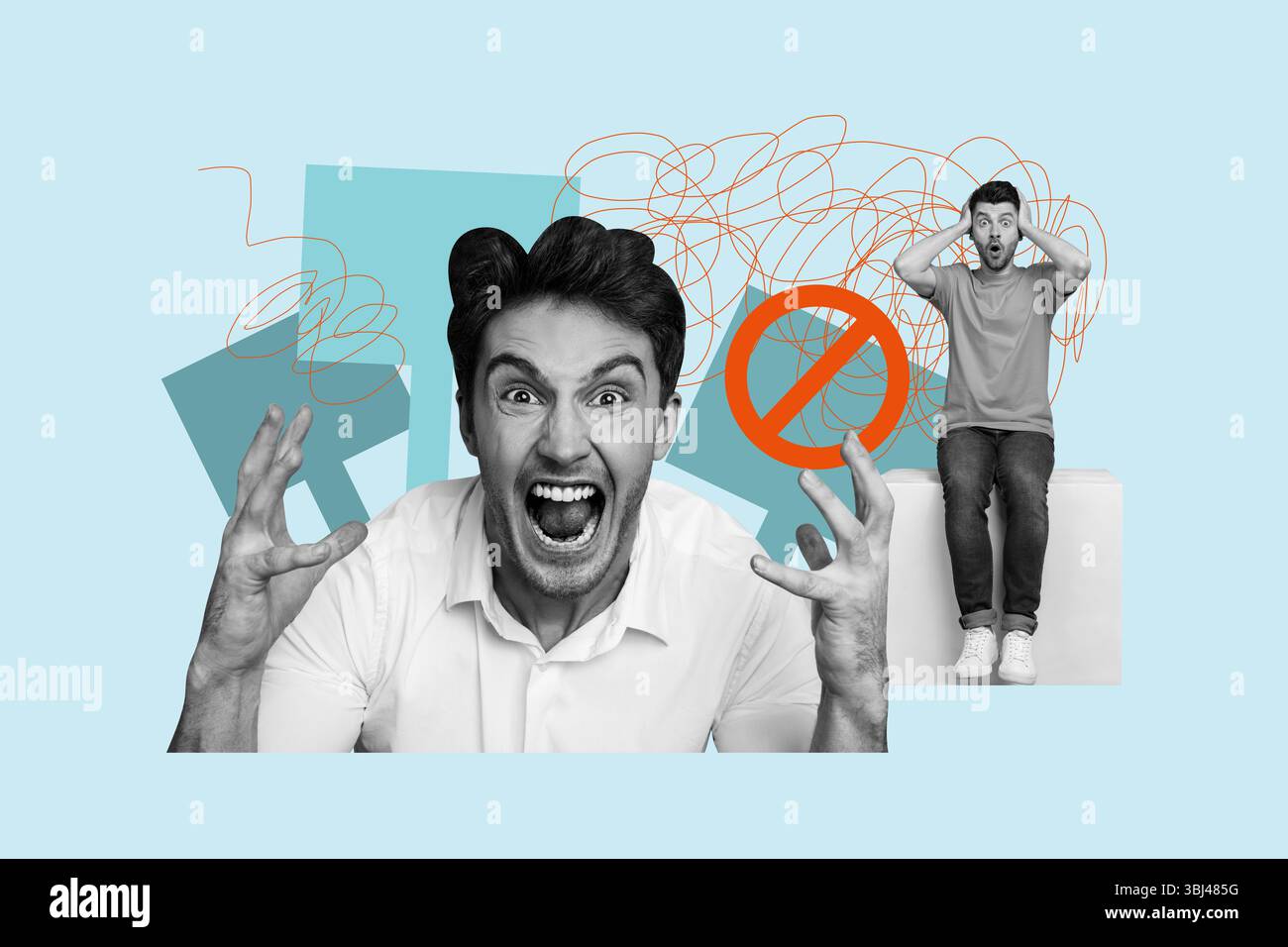 Art 3d sketch collage of angry guy tear hair scream burnout strike ...