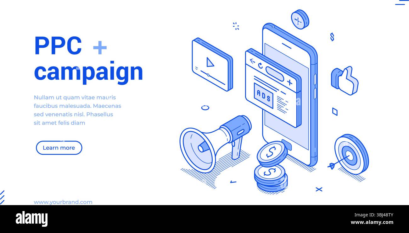 Isometric line banner showcases essential elements of a PPC campaign ...