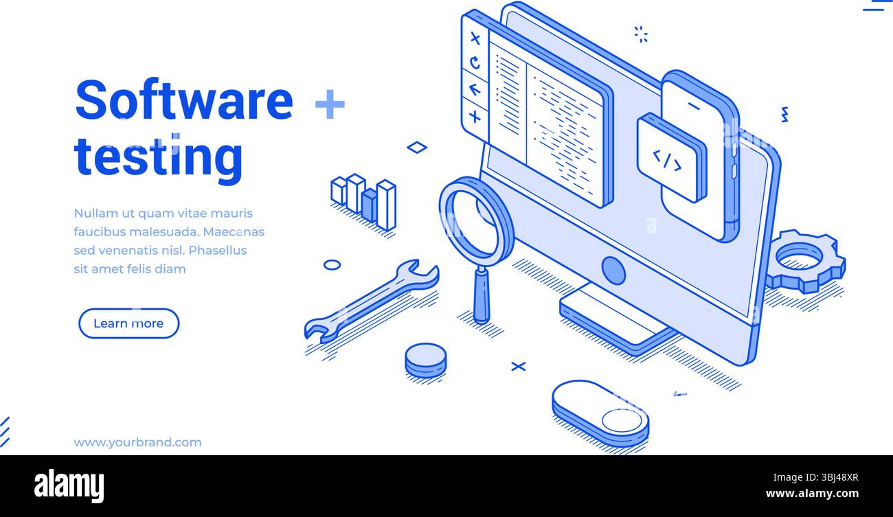 Isometric line banner that highlights software testing tools including a computer screen, mobile device, and various icons. Stock Vector