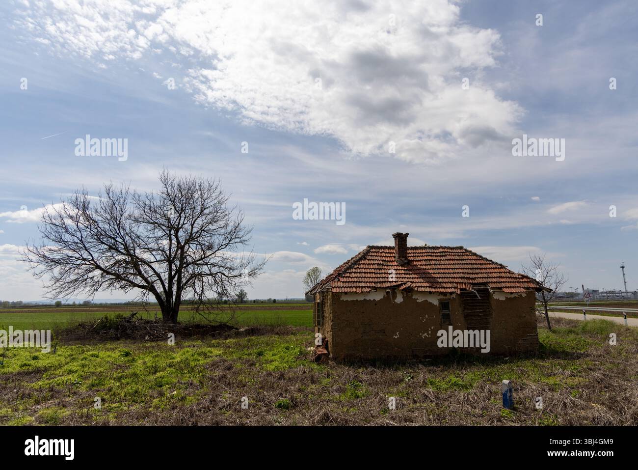 An old, abandoned house with a red tiled roof stands in a rural field ...