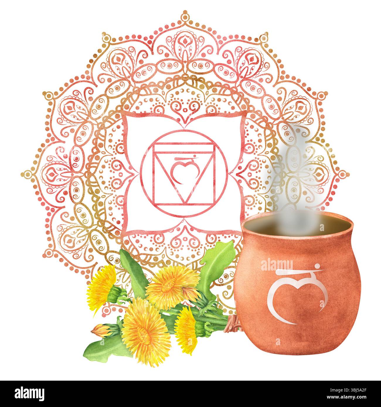 Watercolor Terracotta clay pot with hot herbal infusion or tea on and ...