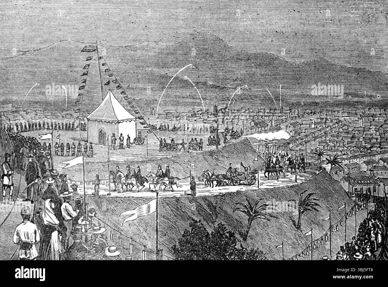 Opening festival of the new waterworks at Caracas, Venezuela, 1874. Engraving from a sketch by Mr. H. Bonnycastle. 'The city...has lately been the scene of great rejoicing, to celebrate the opening of the new waterworks, which have been constructed by the present head of the State, General Guzman Blanco, President of the Venezuelan Republic. The day chosen for the event was the anniversary of the liberation of the country from the Spanish yoke, which was accomplished by Simon Bolivar...and which day is annually kept with great solemnity all over the country. The dawning of this auspicious morn Stock Photo