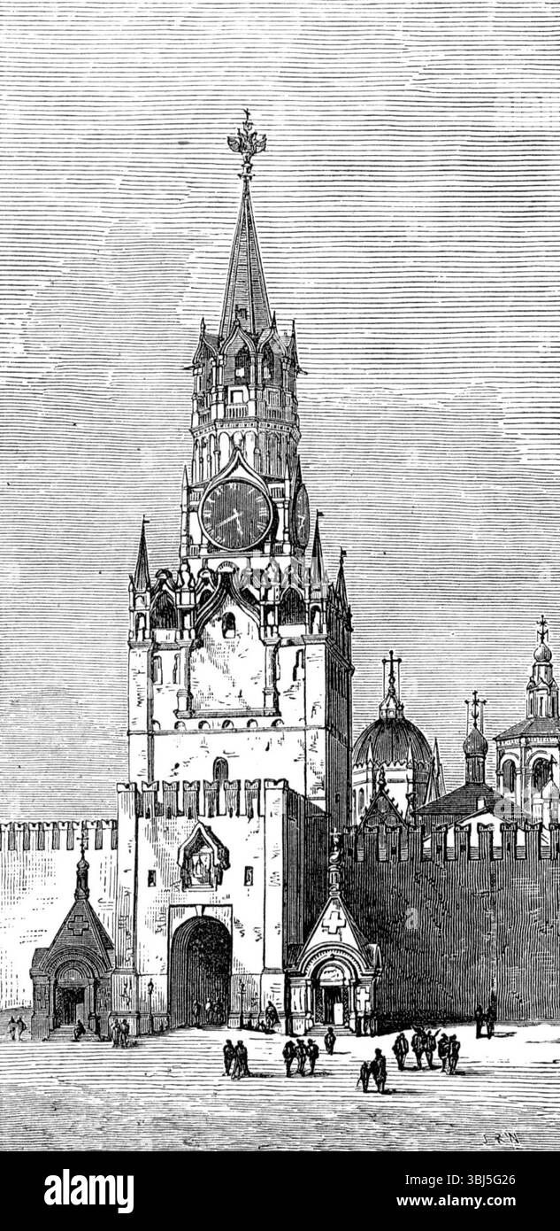 Sketches in Moscow, by our special artist: the Sacred Gate of the Kremlin, 1874. View of '...the Spass Vorota, or Saviour's Gate, one of the entrances to the Kremlin palatial precinct, with its picture of our Lord and a burning lamp fixed above the doorway in the gate-tower...the Kremlin, which is the palace precinct of Moscow, in the centre of the city,...is surrounded by walls from 30 ft. to 50 ft. high, and 12 ft. or 16 ft. thick, with battlements and embrasures, many towers, and five principal gates. Within this inclosure are the restored old palace of the Czars and the new palace, rebuilt Stock Photo