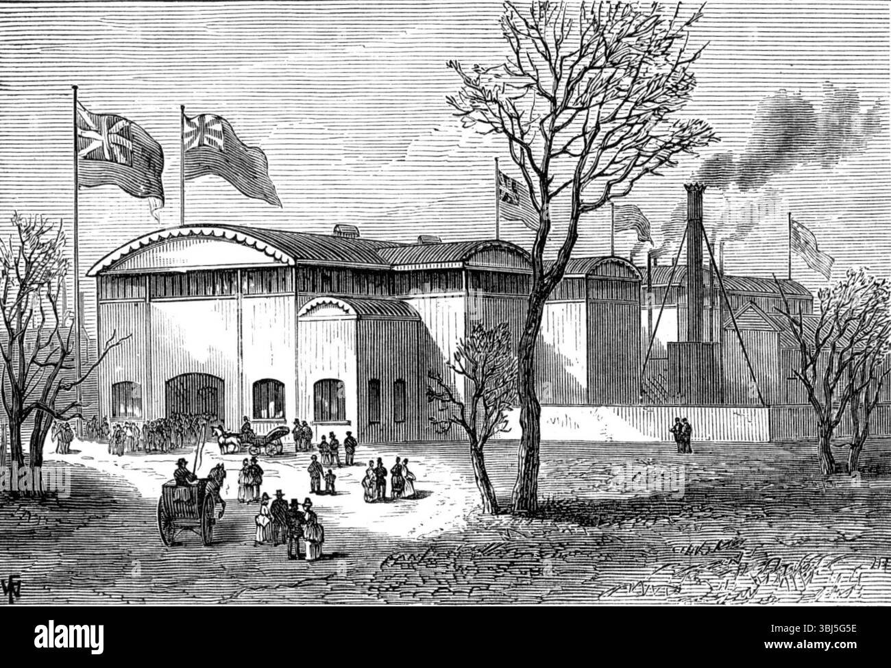 The Exhibition of Scientific Industry, Manchester, 1874. 'The Exhibition of Scientific Industry, which was lately opened by the Earl of Derby, consisting of an instructive collection of models and specimens of various manufactures, is contained in a range of timber sheds, erected for this occasion, in Peel Park, Salford. We give an Illustration of the outward aspect of this temporary structure. Most of our readers are probably aware that the borough of Salford is situated, with relation to the city of Manchester, precisely in the same way as Southwark to London, being on the opposite side of t Stock Photo