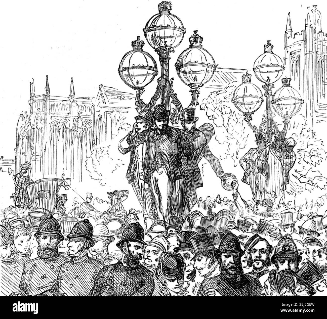 The End of the Tichborne Trial: waiting for the verdict, 1874. 'The enormously lengthy trial of Thomas Castro, alias Arthur Orton, the claimant of the Tichborne estates and title, for perjury committed by him in the action of ejectment he brought to obtain that property, was concluded in the Court of Queen's Bench on Saturday last. This trial had been continued during 188 days' sittings of the Court...The result of the whole case is the conviction of the defendant on all the charges in the indictment for perjury, and his sentence to fourteen years' penal servitude - that is, to seven years' pe Stock Photo