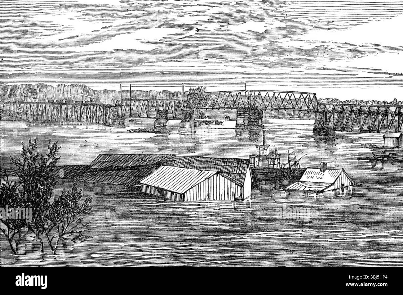 Inundations in the United States: railroad bridge, Clarksville, Tennessee, 1874. 'The swelling and overflow of the Cumberland river, a month ago, presented an extraordinary spectacle...We are indebted to Dr. D. F. Wright, of that town, and to his neighbour, Mr. M'Cormac, the skilful photographer, for the four views shown in our Engravings...Readers can form no conception of the enormous excess in the bulk of water now hurried from this point to augment the already overloaded Mississippi. They must study attentively the views we give them, and imagine the immense difference between these and th Stock Photo