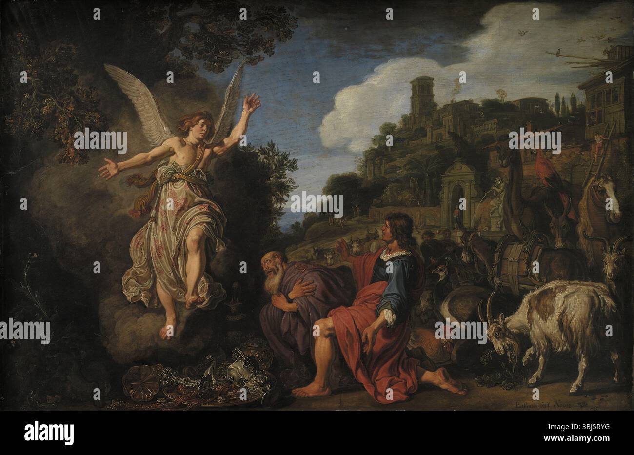 The Angel Raphael Takes Leave of Old Tobit and his Son Tobias, 1618. Found in the Collection of Statens Museum for Kunst, Copenhagen. Stock Photo