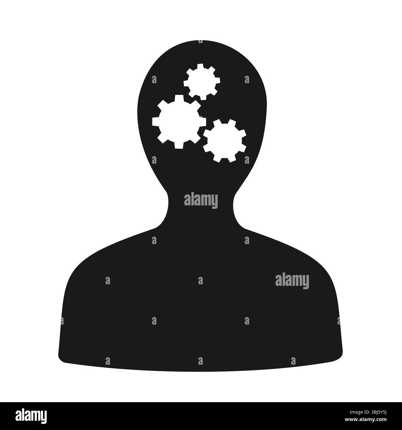 Human, person and man with cogweehl in head. Metaphor of mechanical, logical and rational thinking. Mind and mental process as machine, logic and mech Stock Photo
