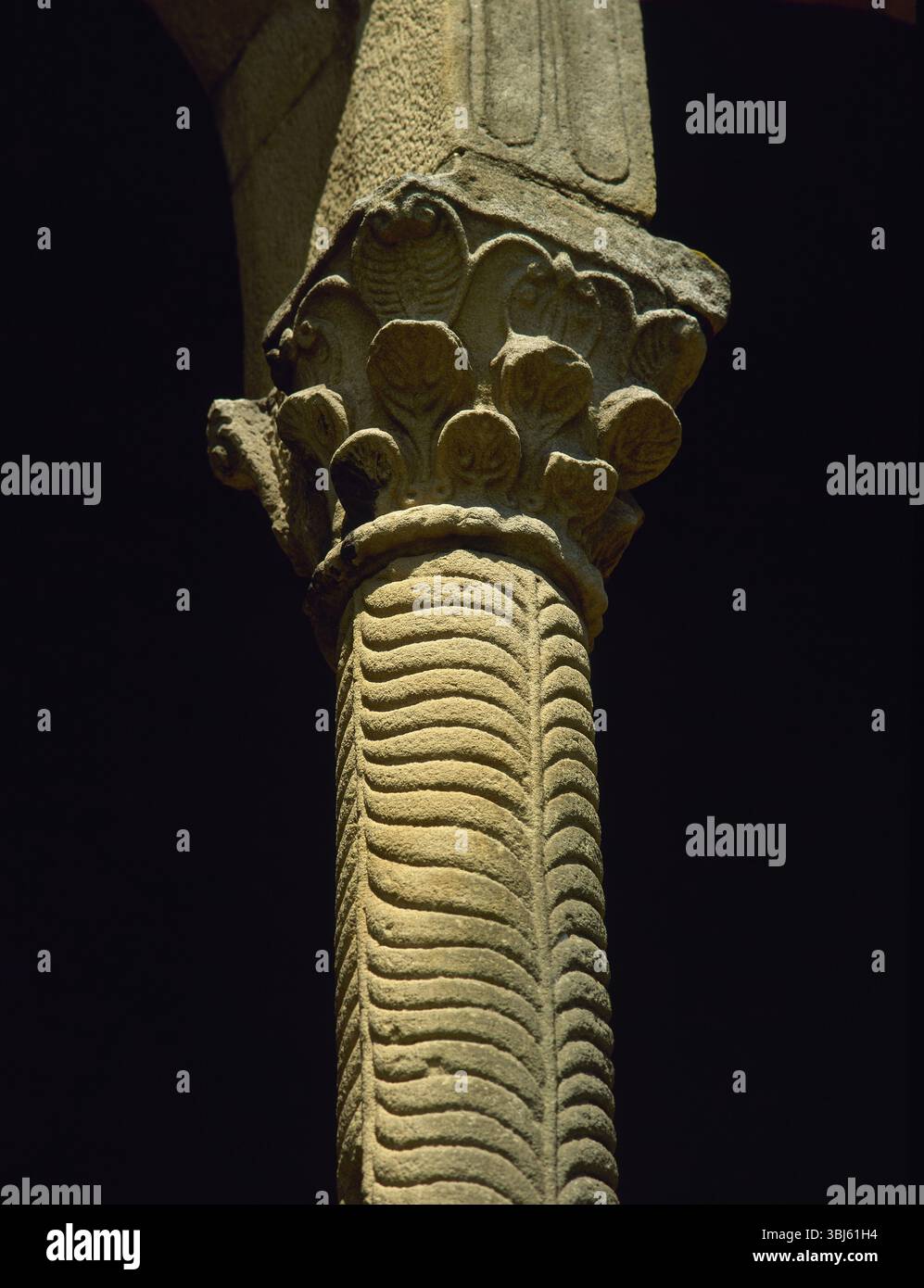 Column, Church of St Mary at Mount Naranco, Oviedo, Spain, 2000. Pre-Romanesque Asturian architecture. Consecrated in 848 AD. Declared a World Heritage Site by UNESCO in 1985. Stock Photo