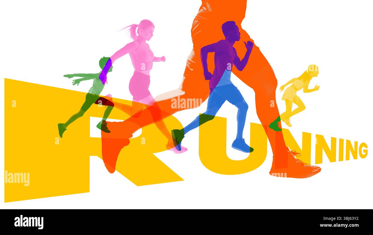 Contemporary art collage. Layered silhouettes of runners in rainbow ...