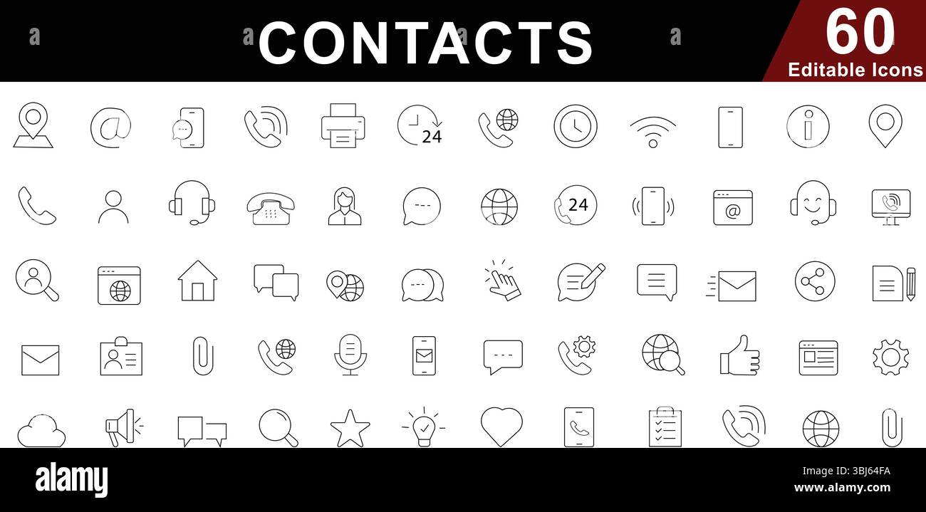 Contacts Line Icons Set - Support, Information and Global Connection ...