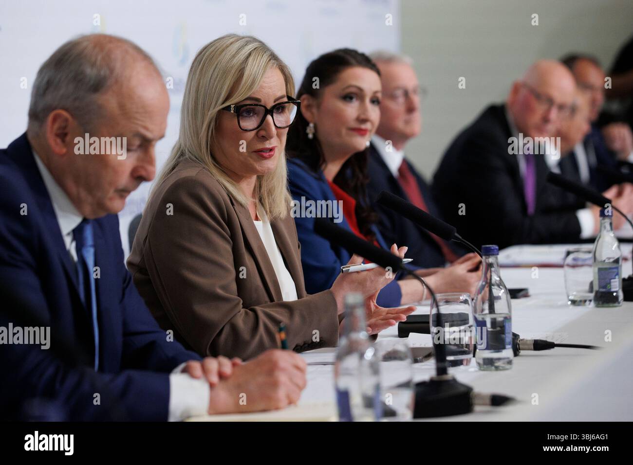 First Minister of Northern Ireland Michelle O'Neill speaking during the British-Irish Council (BIC) summit at the Slieve Donard resort in Co Down. The 43rd meeting of the British-Irish Council (BIC), which was established to promote mutually beneficial development following the Good Friday Agreement, will have a particular focus on artificial intelligence. Picture date: Friday June 13, 2025. Stock Photo