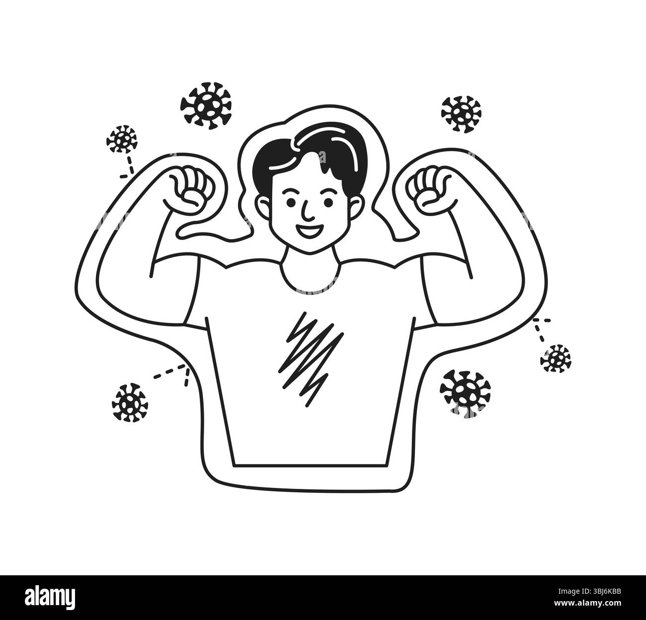Black and white illustration of a happy person flexing muscles ...