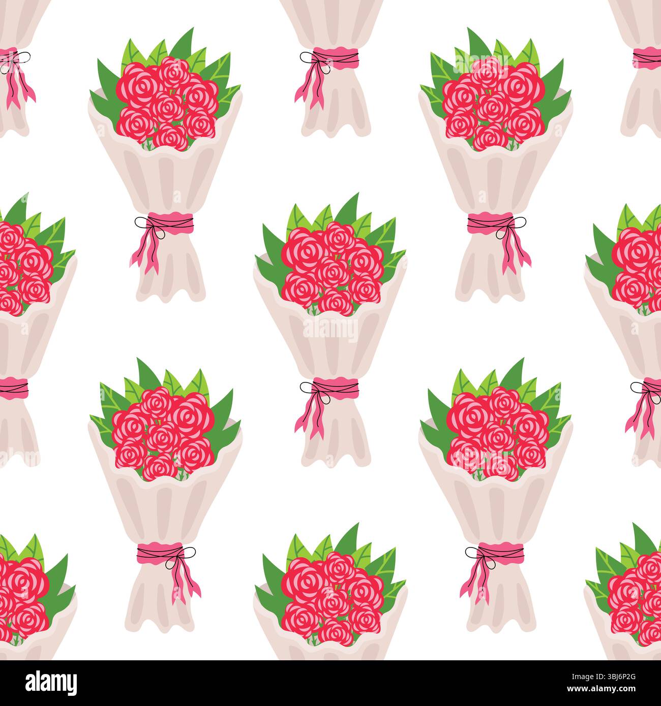 Seamless pattern with bouquet of red rose in cartoon flat style, arranged in polka dot order on white background. Romantic floral design perfect for f Stock Vector