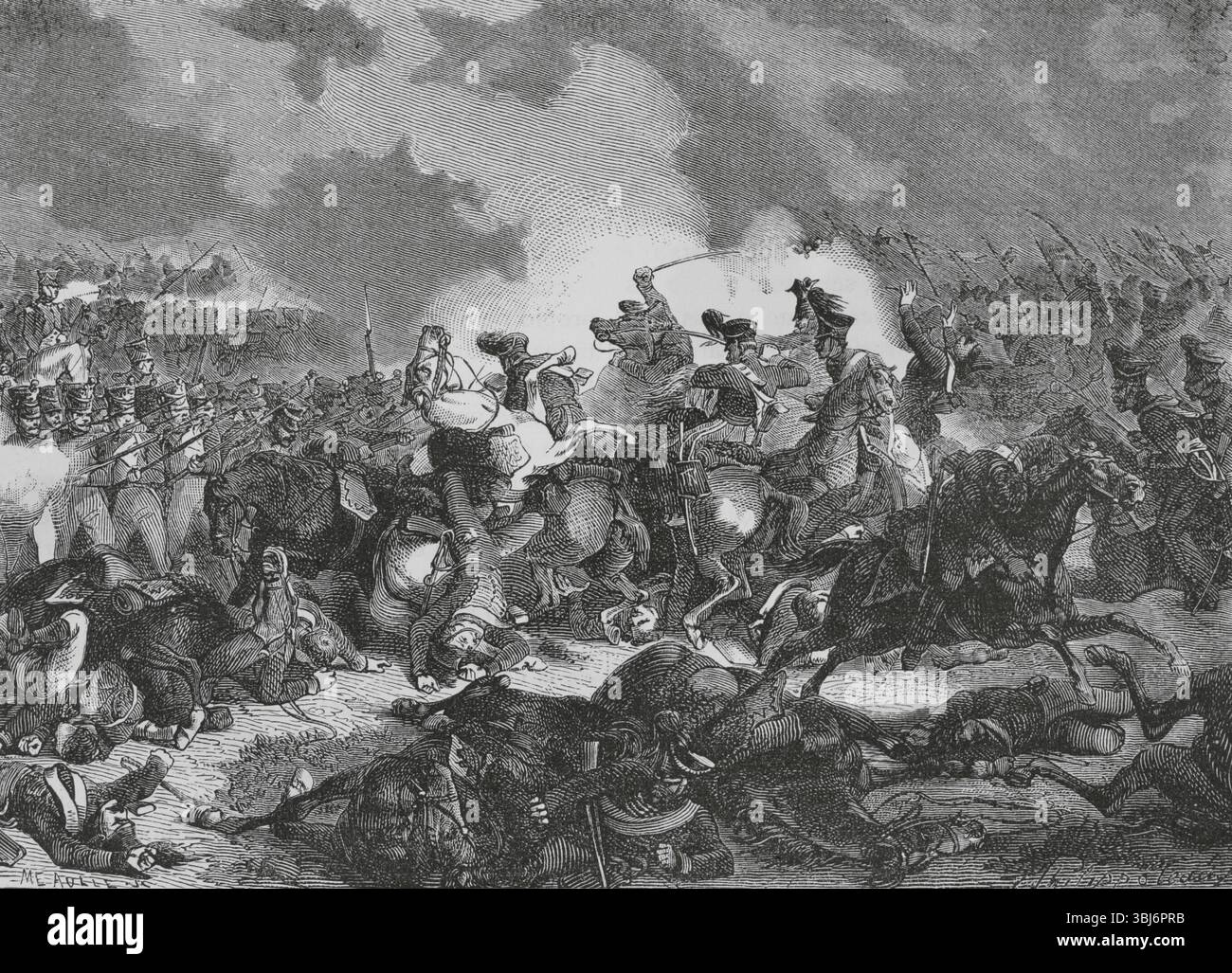 Battle of Bautzen (20-21 May 1813). A combined Russian-Prussian army was pushed back by Napoleon I. French victory. Second day. Morand's division, formed in squares, repulsed the Prussian cavalry. Drawing by Philippoteaux. Engraving by Méaulle. 'Histoire du Consulat et de l'Empire' (History of the Consulate and the Empire of France under Napoleon), by A. Thiers. Volume IV. Published in Barcelona, 1879. Stock Photo