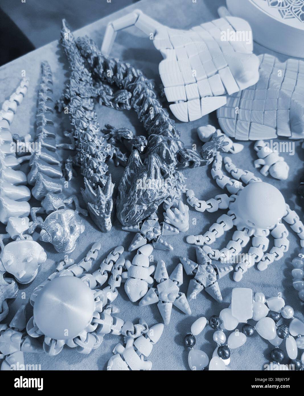 Art objects printed on a 3D printer. Various creative models created on ...