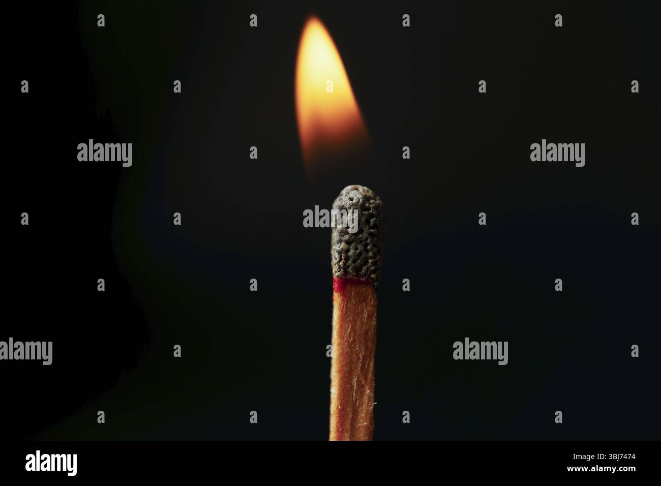Single wooden match burning with bright flame on black background Stock Photo
