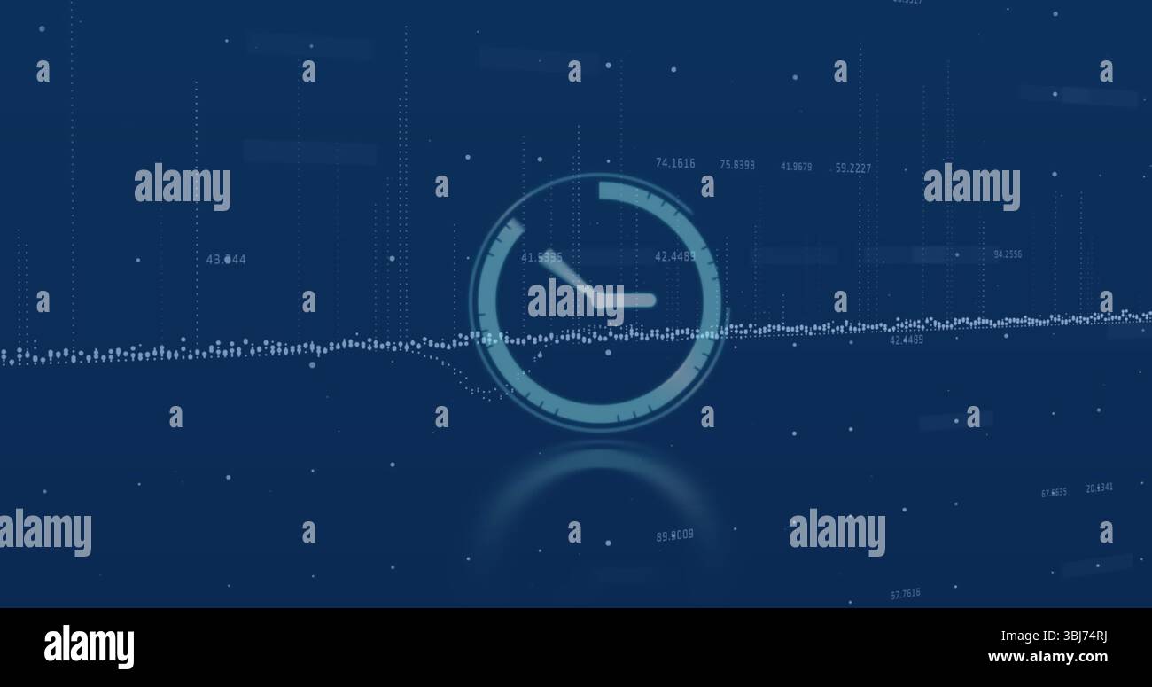 Displaying translucent clock icon overlaying dotted waveform on screen, with numeric labels Stock Photo