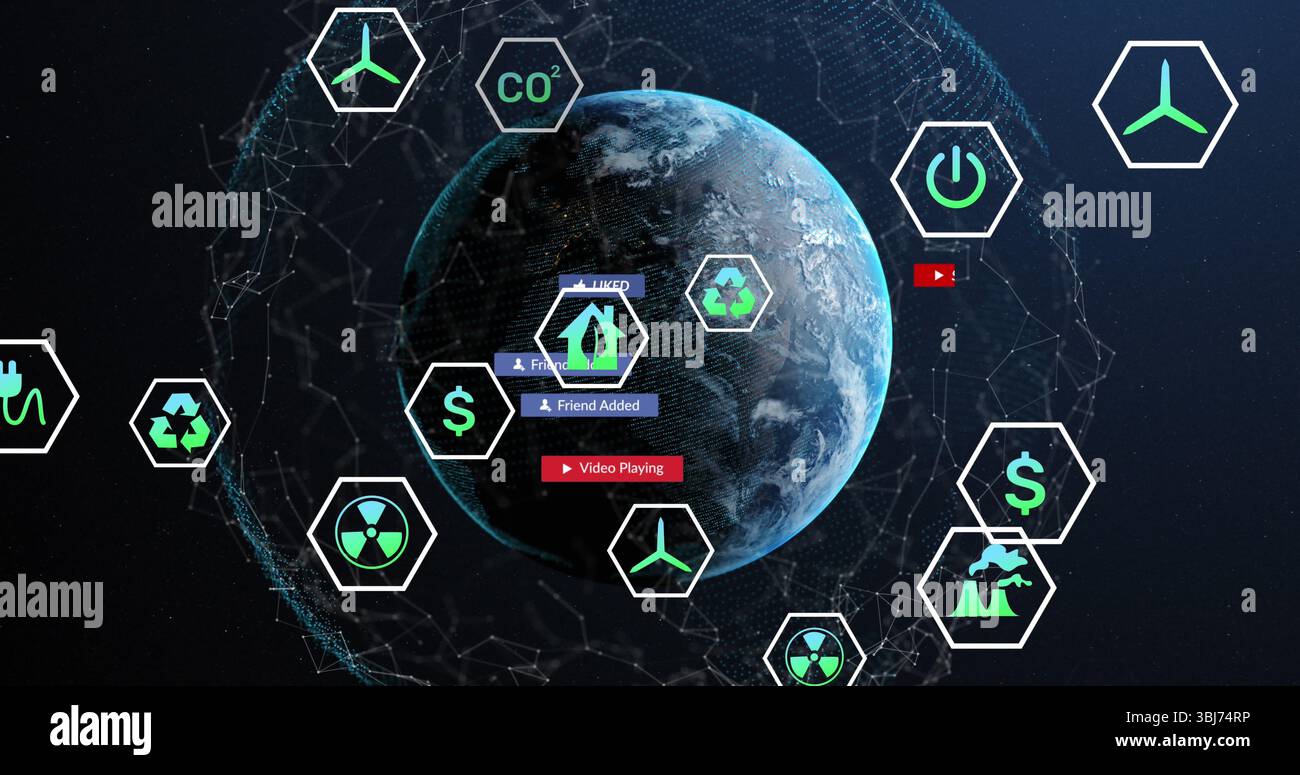 Displaying digital globe showing clouds floating in dark space, with hexagonal UI network icons Stock Photo