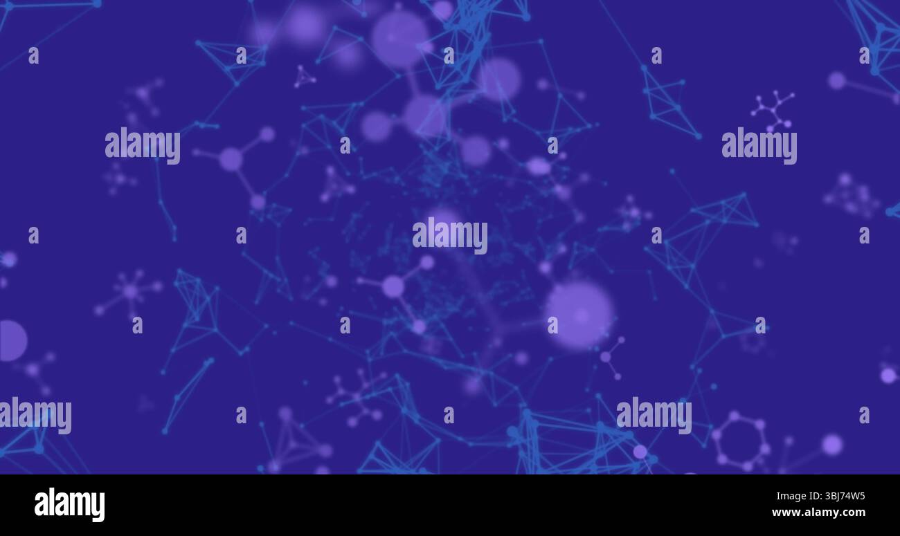 Showcasing blue network nodes linking with lines in digital grid, lit purple spheres with molecules Stock Photo