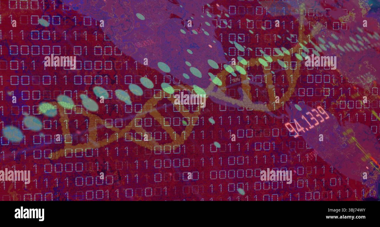 Displaying twisting DNA helix in virtual lab, with binary grid, data nodes and numeric display Stock Photo