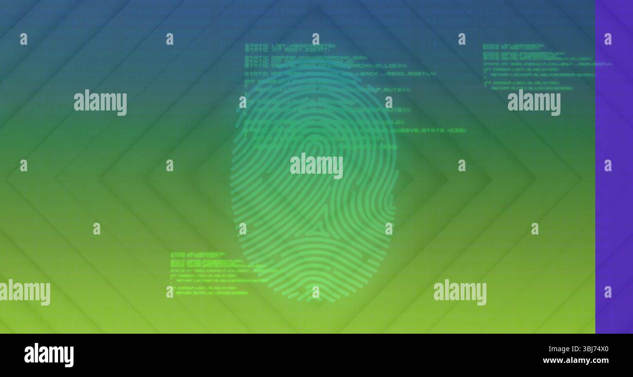 Floating fingerprint graphic across security display, with code blocks, diamond grid and purple bar Stock Photo