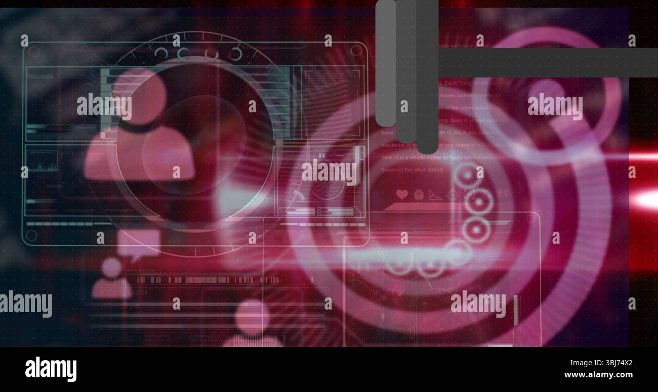 Displaying circular radar overlay with user profile silhouette in virtual dashboard, with waveforms Stock Photo