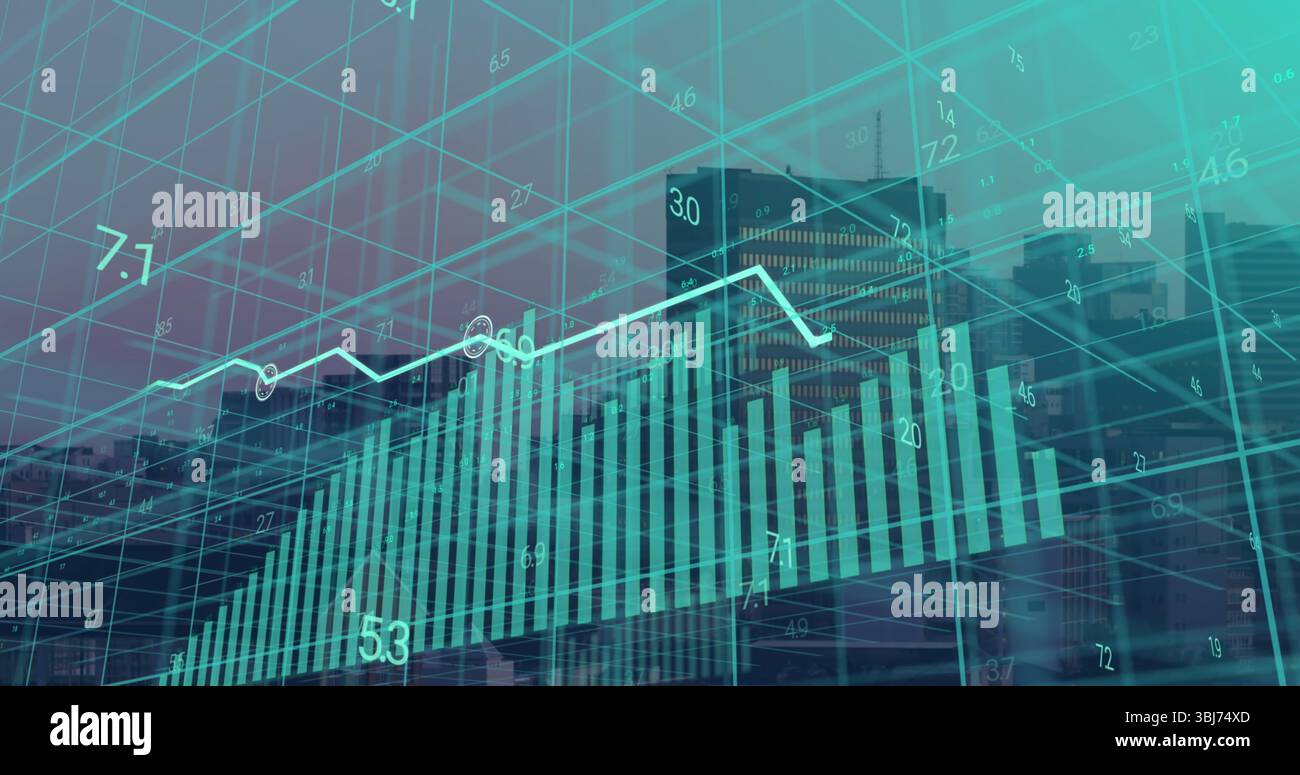 Displaying financial dashboard with 3D grid over city skyline, teal bar chart and white line graph Stock Photo