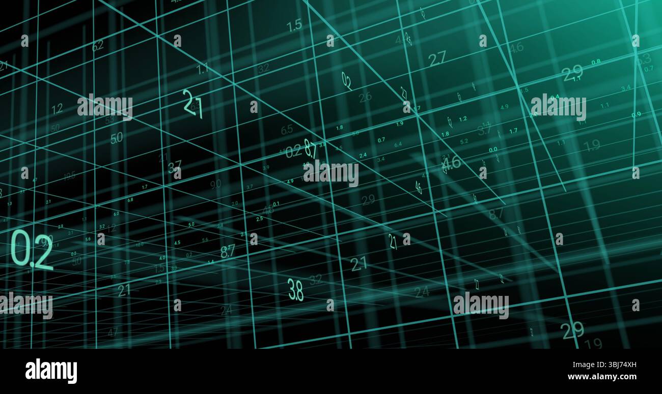 Rendering intersecting teal grid lines floating in dark virtual data space, with numeric labels Stock Photo