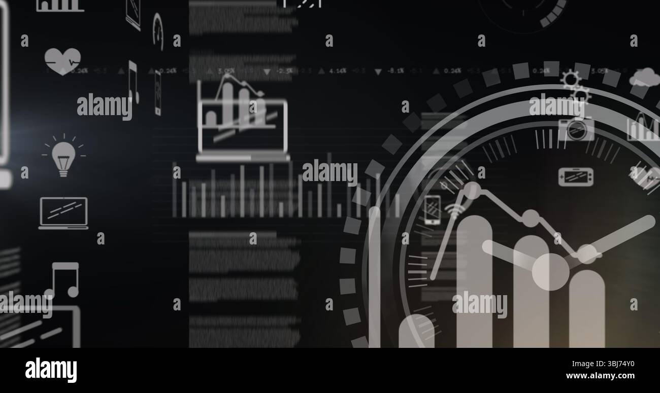 Displaying digital dashboard with data charts, circular gauge, and ...