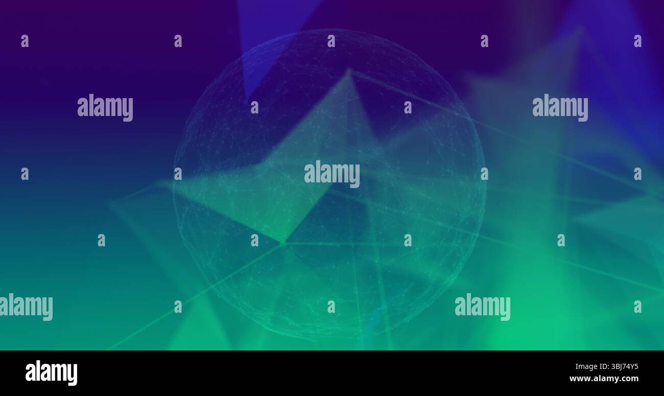 Floating translucent mesh sphere hovering in data network interface, with glowing triangular facets Stock Photo