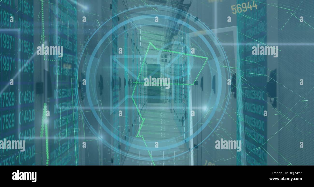 Projecting circular hologram streaming data in server rack corridor, blinking indicator lights Stock Photo