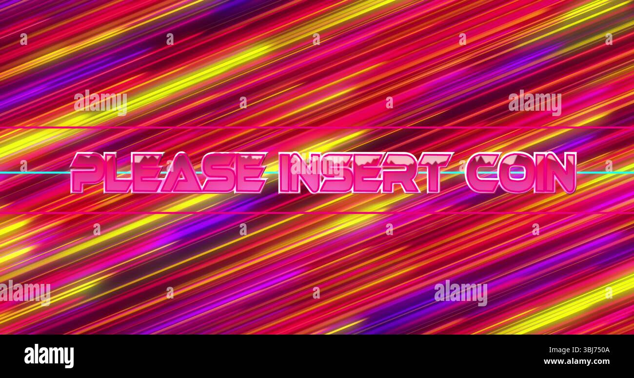 Displaying retro arcade-style text reading PLEASE INSERT COIN on neon backdrop, with cyan highlight Stock Photo
