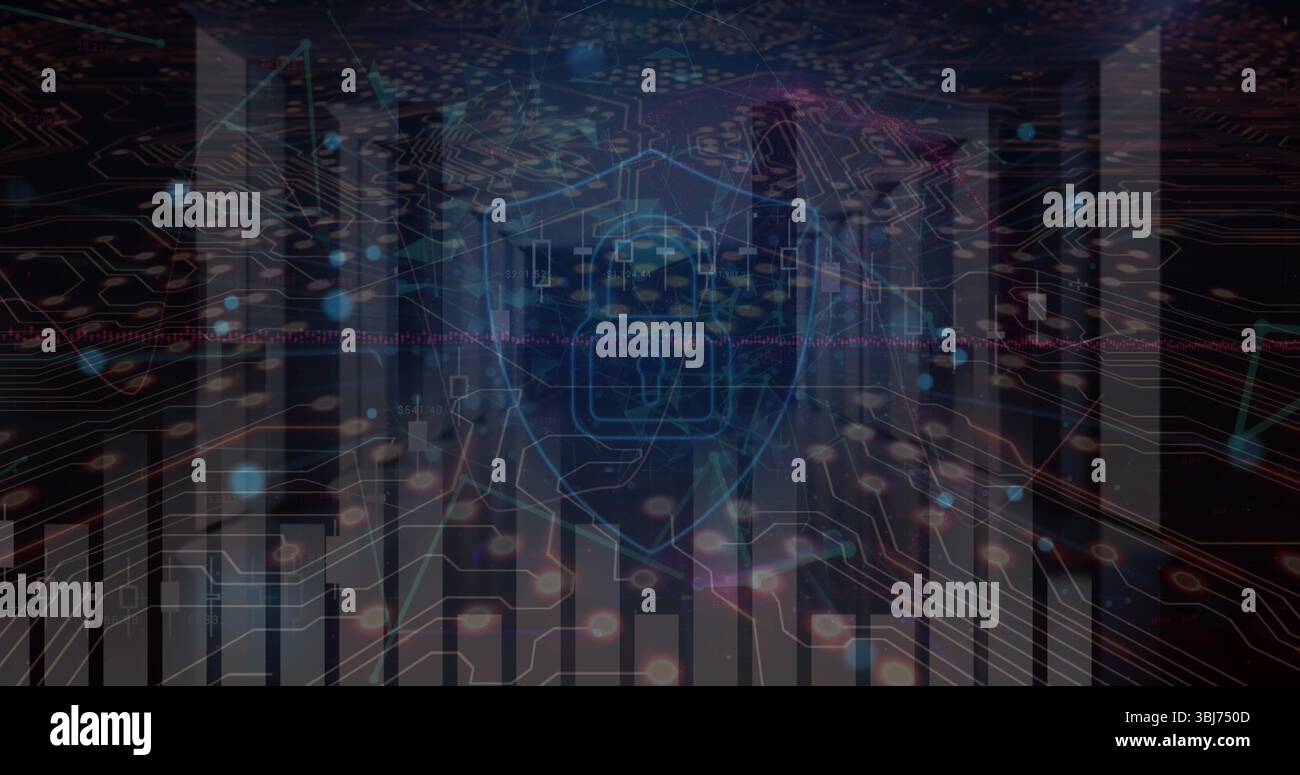 Floating blue shield with lock icon in data visualization, circuit traces, data charts and servers Stock Photo