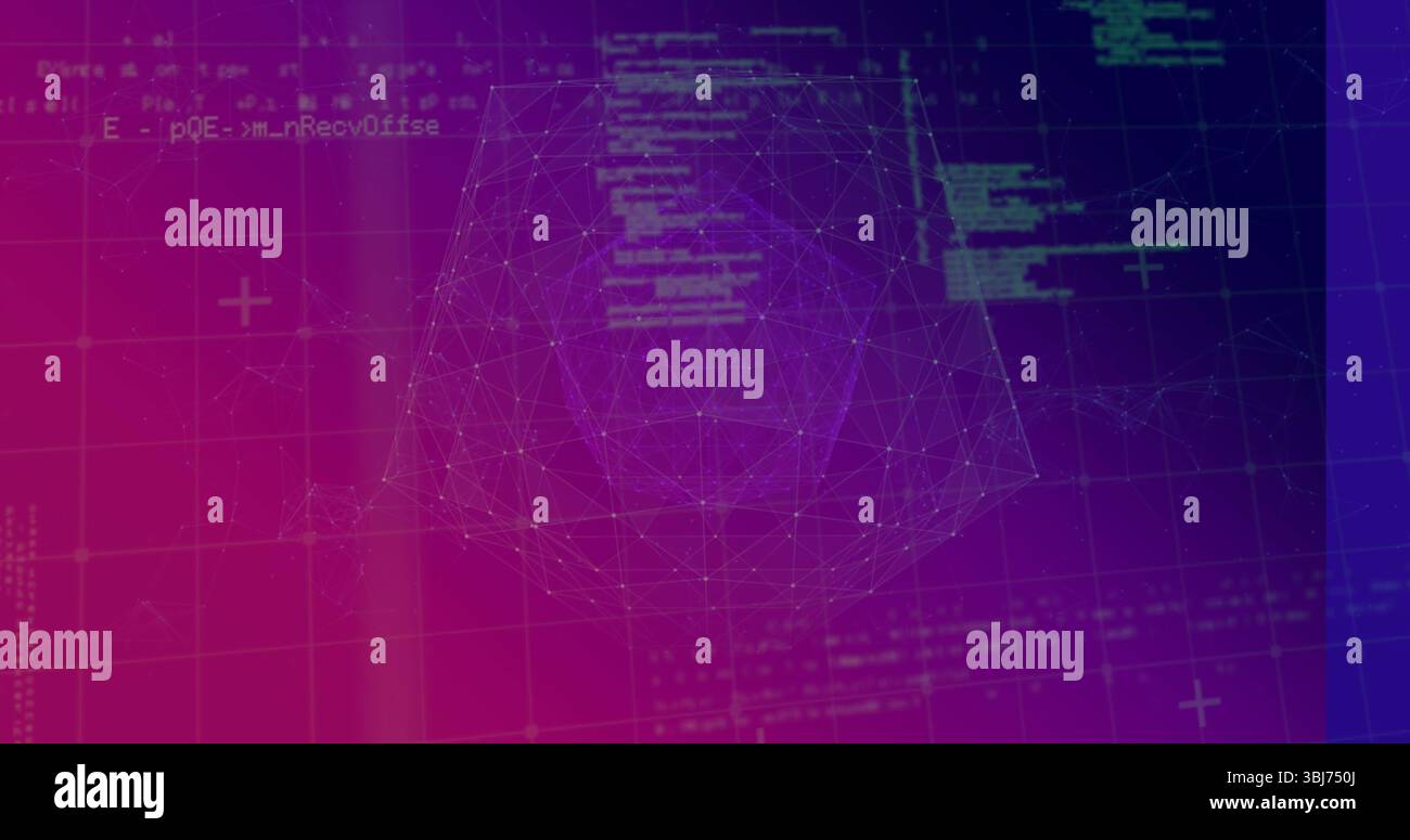 Displaying 3D wireframe polyhedron hovering over grid in UI, with floating code and plus markers Stock Photo