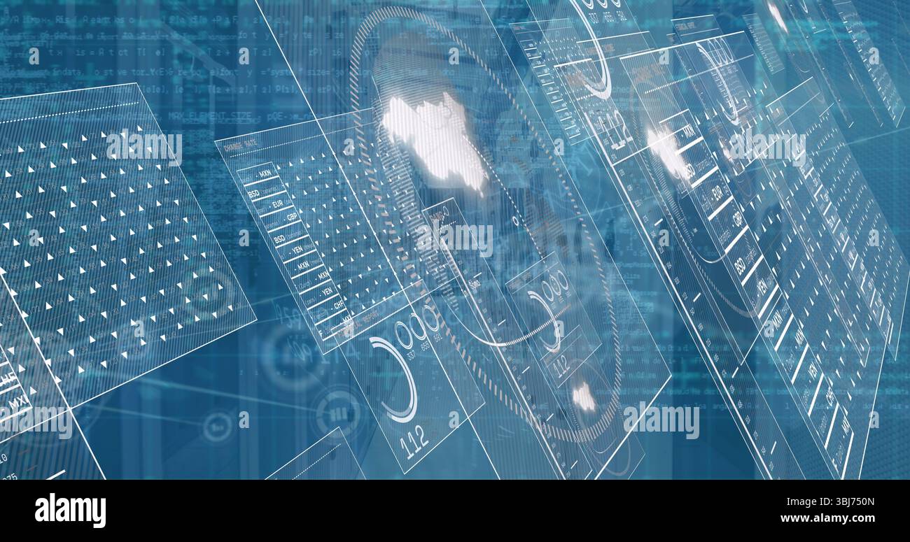 Displaying holographic panels floating in digital workspace with gauges, map outline, code streams Stock Photo