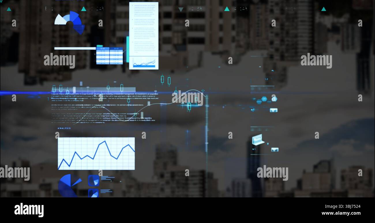 Displaying floating UI panels over city skyline with line graph, pie charts, bar chart, neon lines Stock Photo