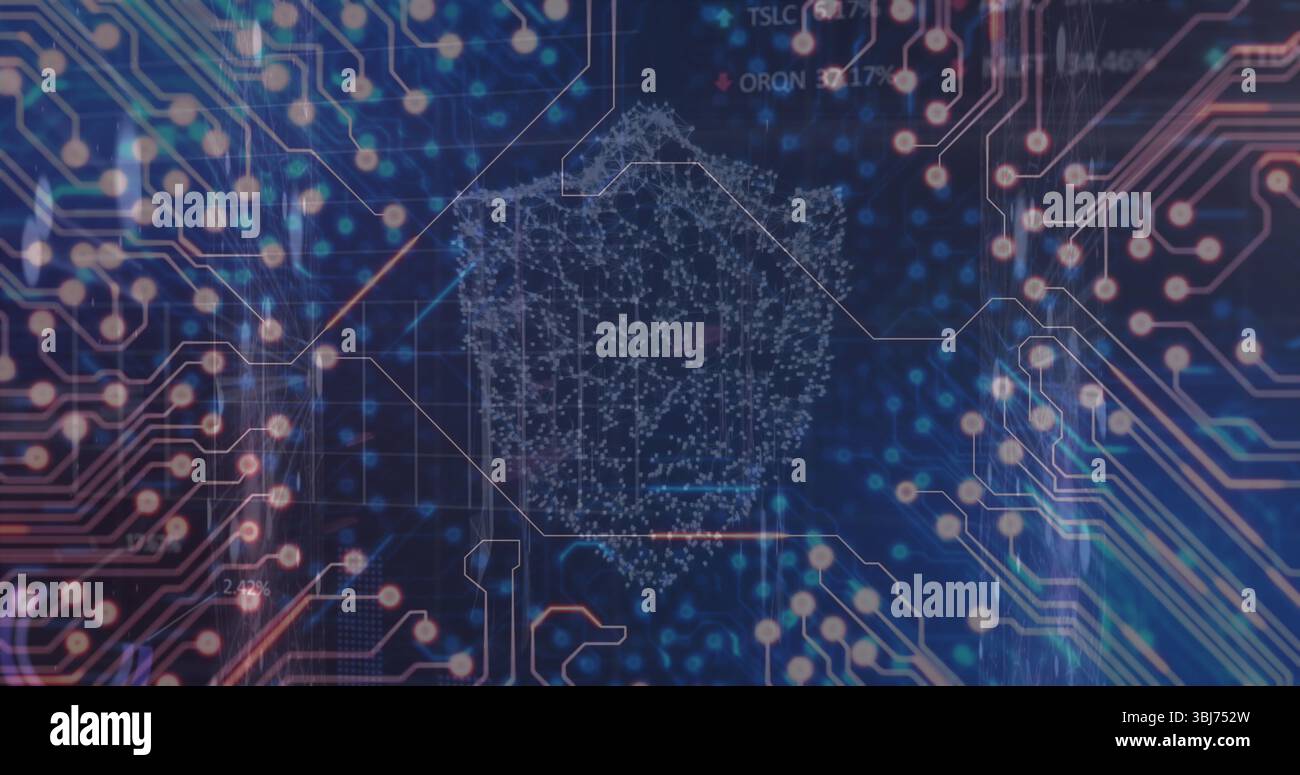 Floating white data polygon pulsing on virtual control panel, with glowing orbs and circuit traces Stock Photo