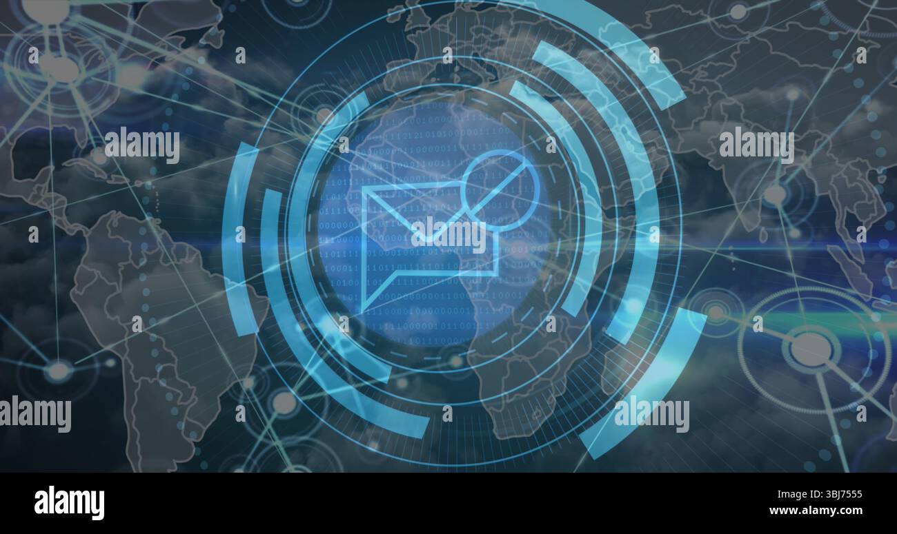 Displaying stylized envelope icon glowing within concentric digital rings over world map interface Stock Photo