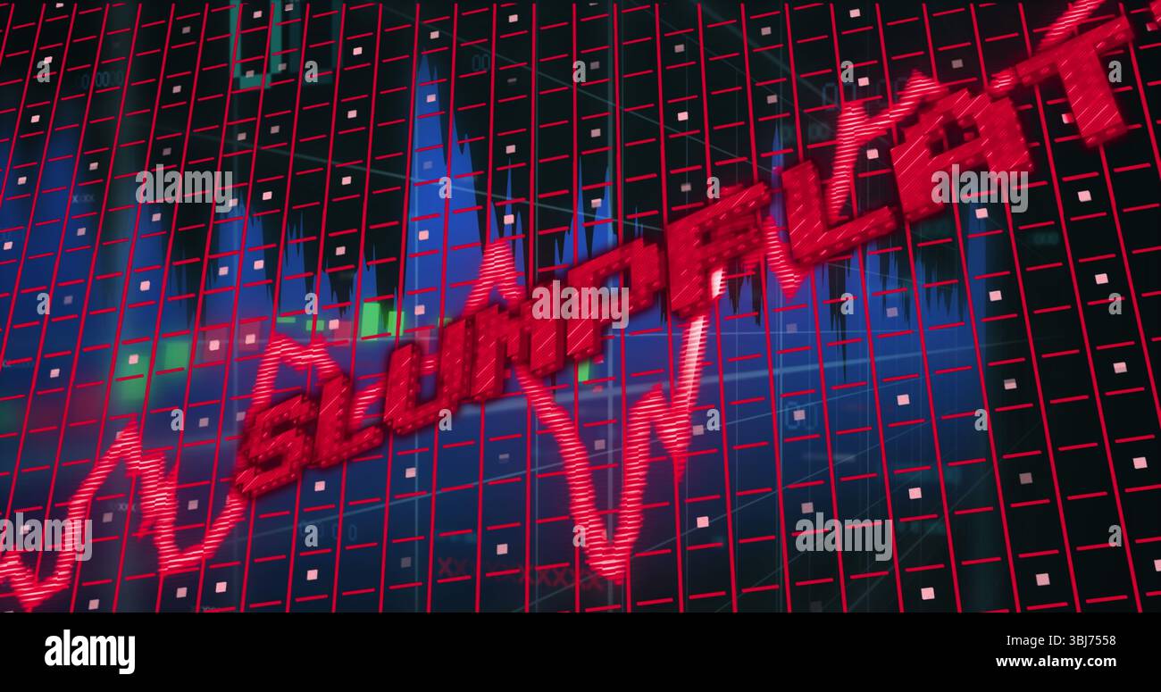 Showing red zigzag graph and SLUMPFLATION overlay on market interface grid, with data highlights Stock Photo